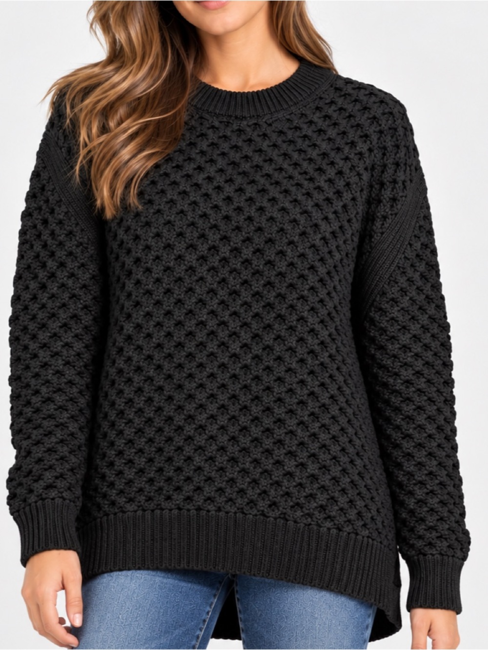 Geysir Iceland Women M 100% Extrafine Merino Wool Textured Knit Sweater Black